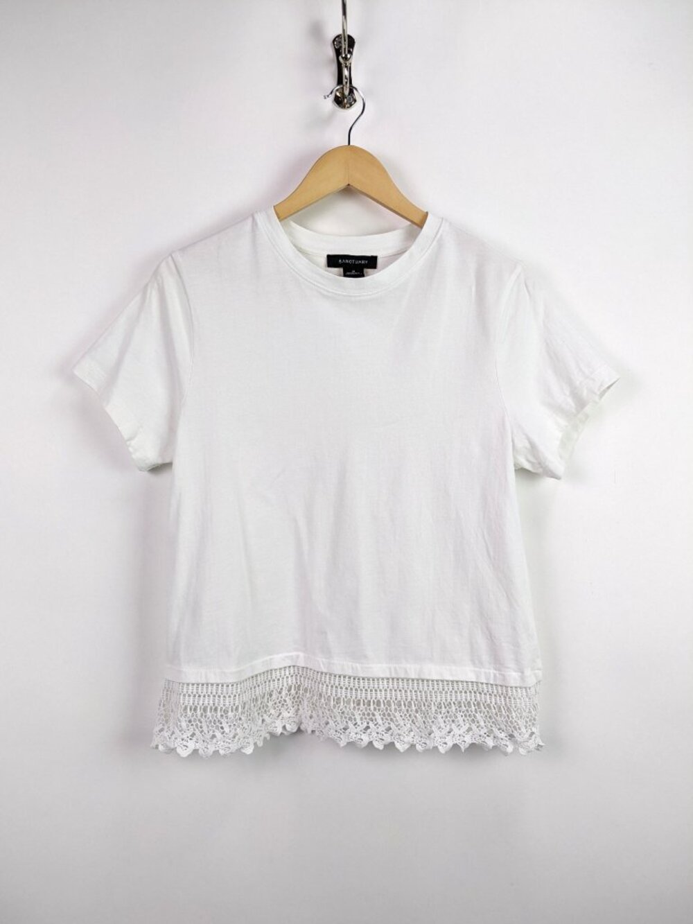 Sanctuary Womens 100% Cotton Lace-Hem Crewneck T-Shirt in white Size M